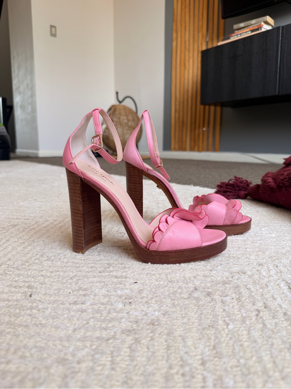 kate spade Pink Ruffle Ankle-Strap Platform Heels